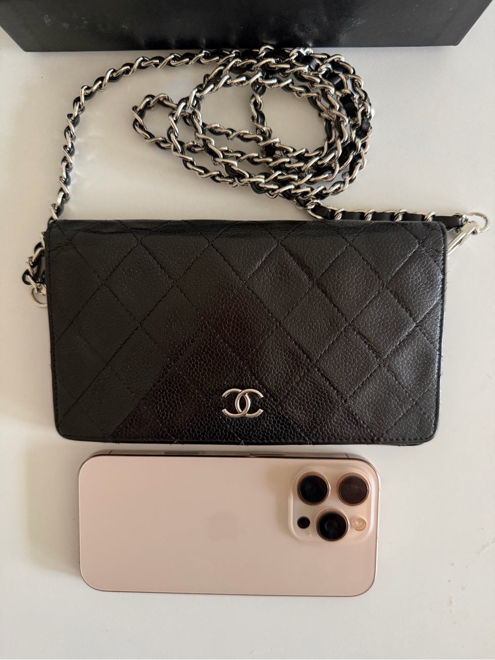 CHANEL Black Quilted Leather Chain Crossbody Bag